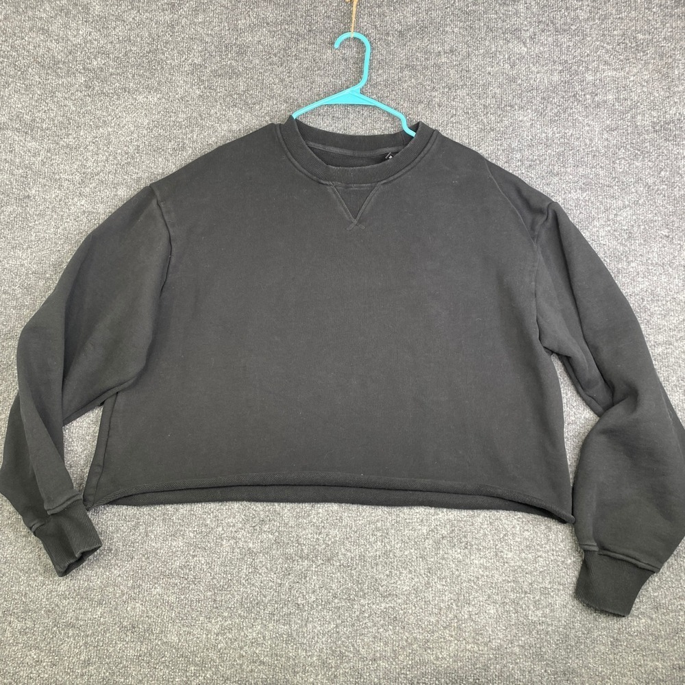 Rue Porter Black Cotton Cropped Crewneck Sweatshirt XL V-Stitch Raw Hem Pullover